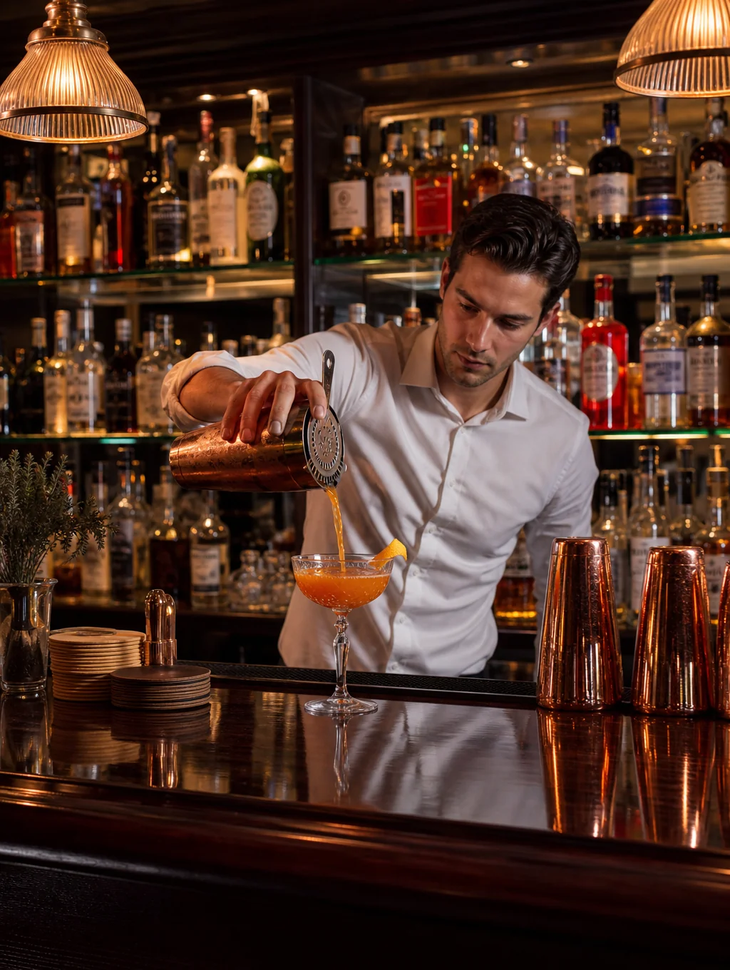 Artisan cocktail bar with glowing glass bottles and marble bar top