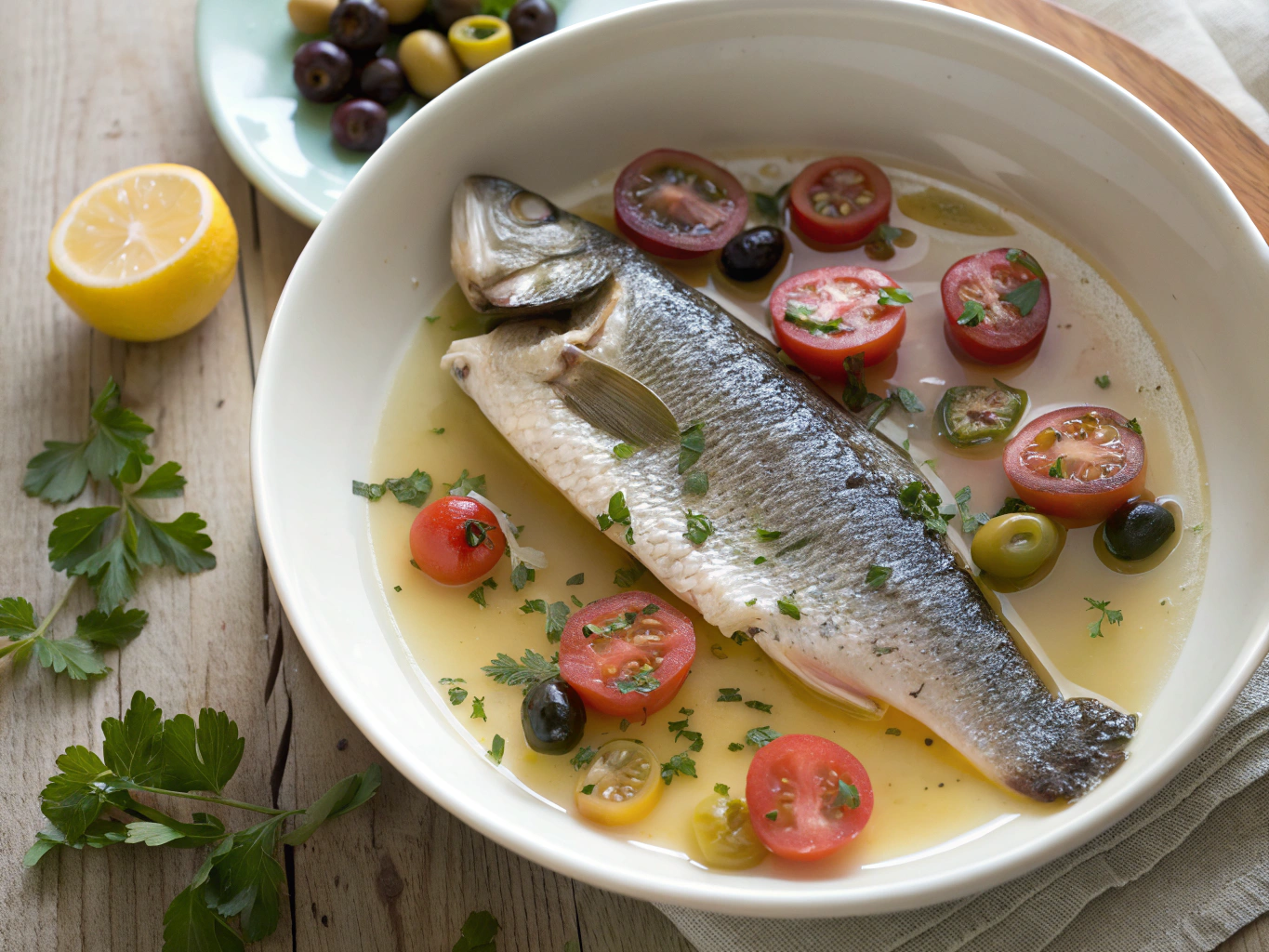 Whole roasted Mediterranean branzino with olives and cherry tomatoes