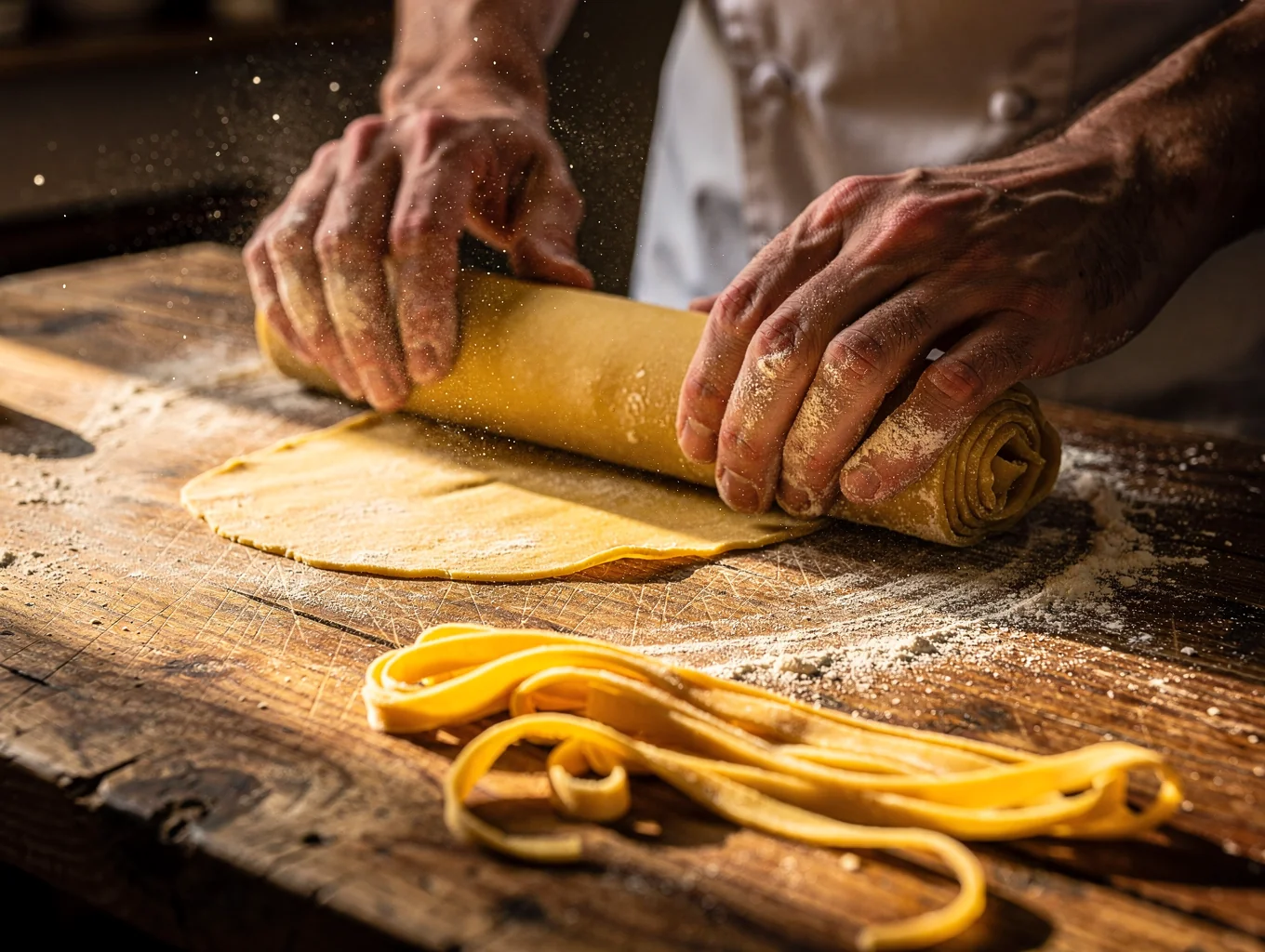Artisan culinary station dusting golden semolina pasta by hand