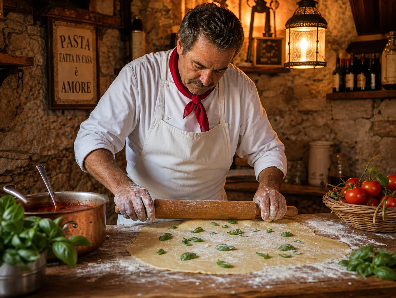 Chef preparing fresh handmade pasta in our kitchen