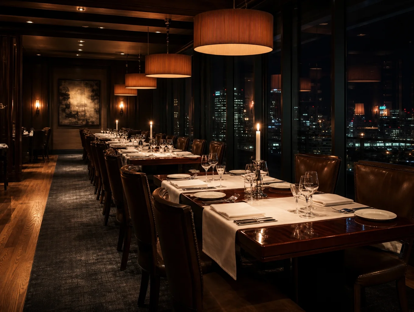 Main dining room with rustic oak tables and ambient warm lighting