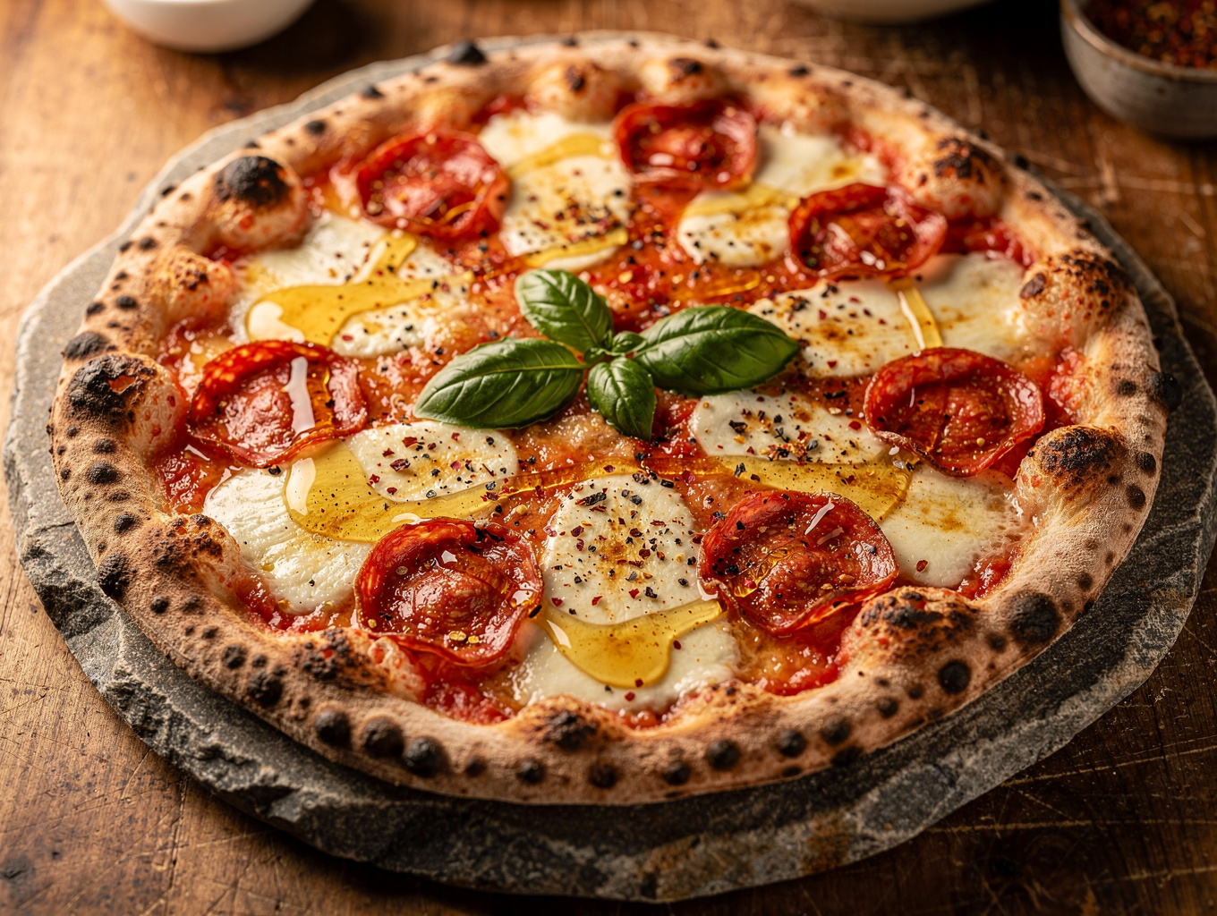Spicy Calabrian artisan pizza with toasted chili honey drizzle