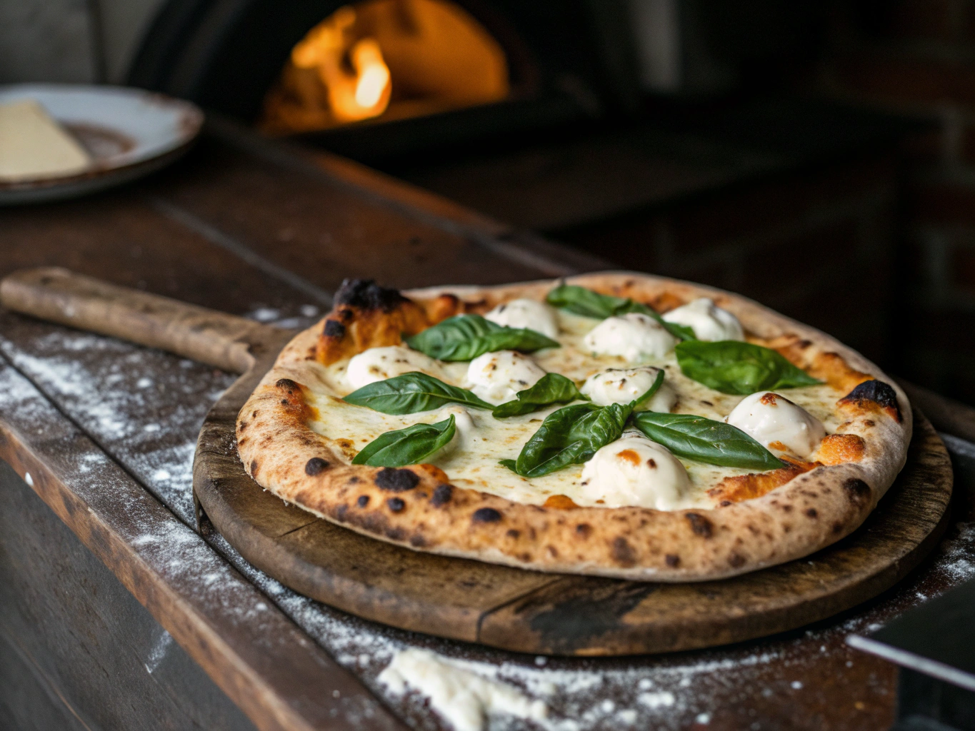 Authentic wood-fired Neapolitan Margherita pizza with blistered crust