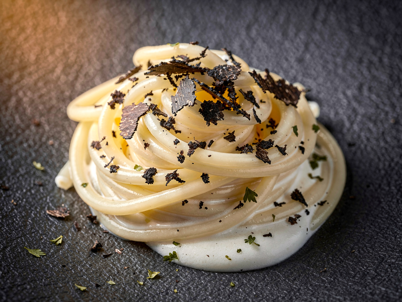 Handcrafted tagliolini with shaved black truffle and Parmigiano cream